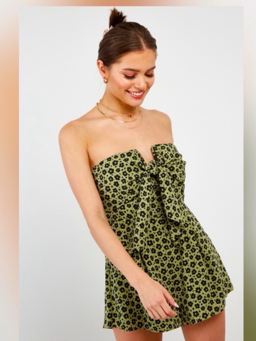 Blue Blush Olive Green Strapless Floral Tie-Front Romper